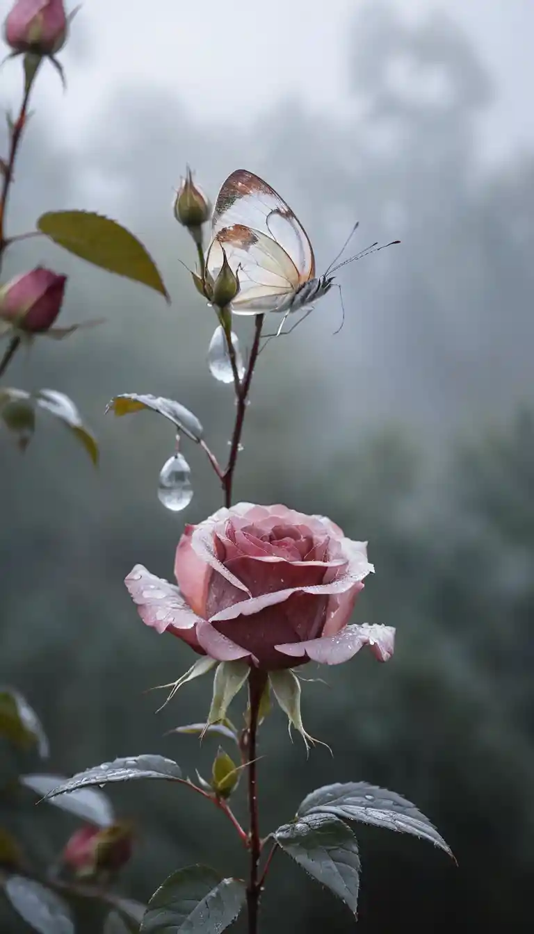 Tallo de rosal trepador entre niebla con gotas de rocío y mariposa en reposo