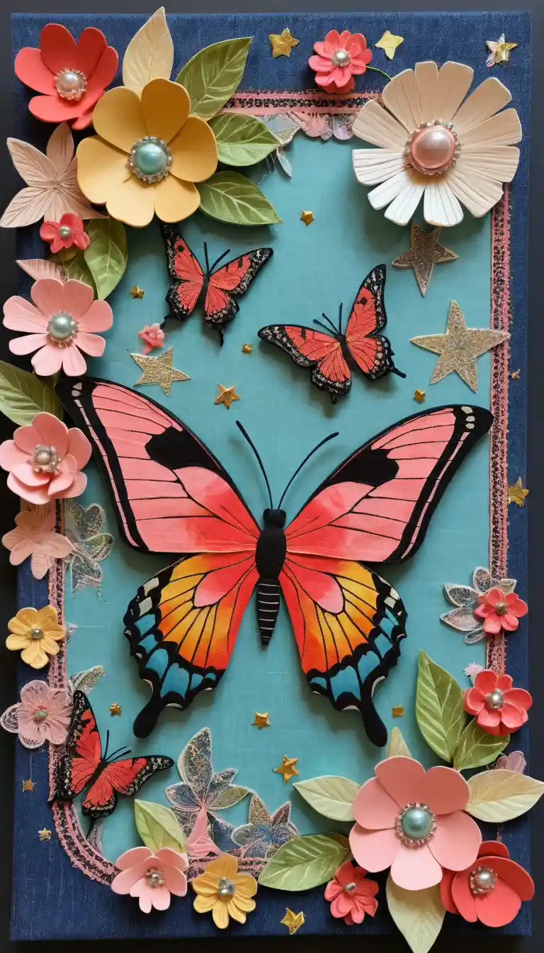 Verspielte Mixed-Media-Collage mit Schmetterlingen, Früchten und Sternen