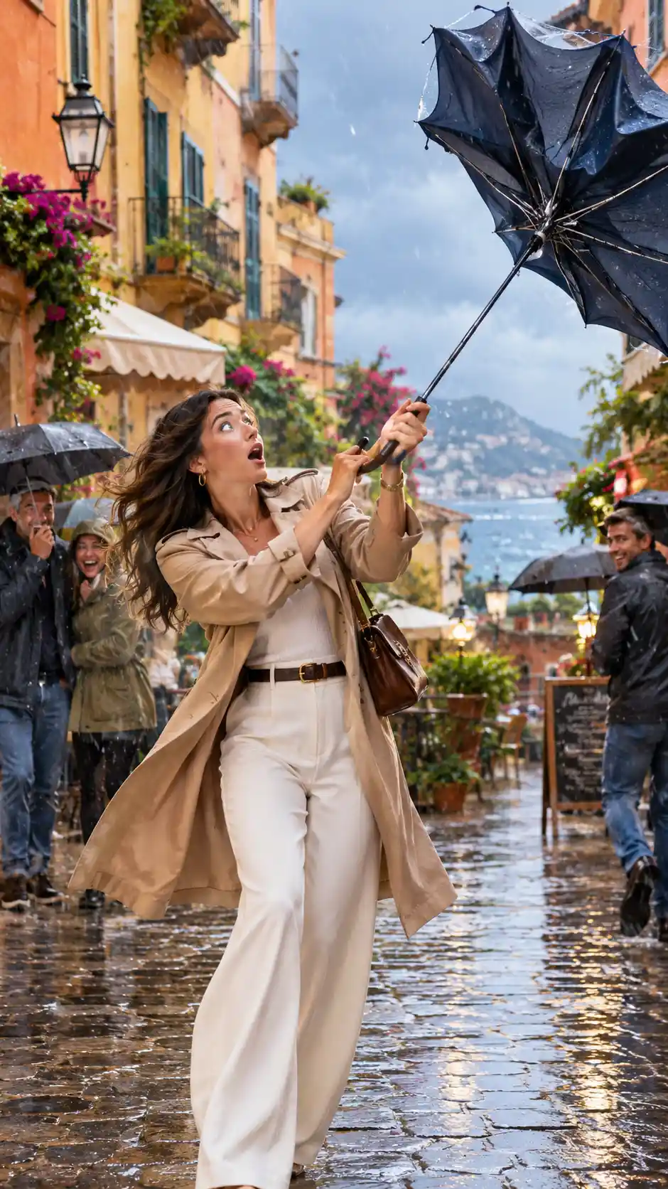 Elegant woman on rainy Mediterranean street with umbrella mishap