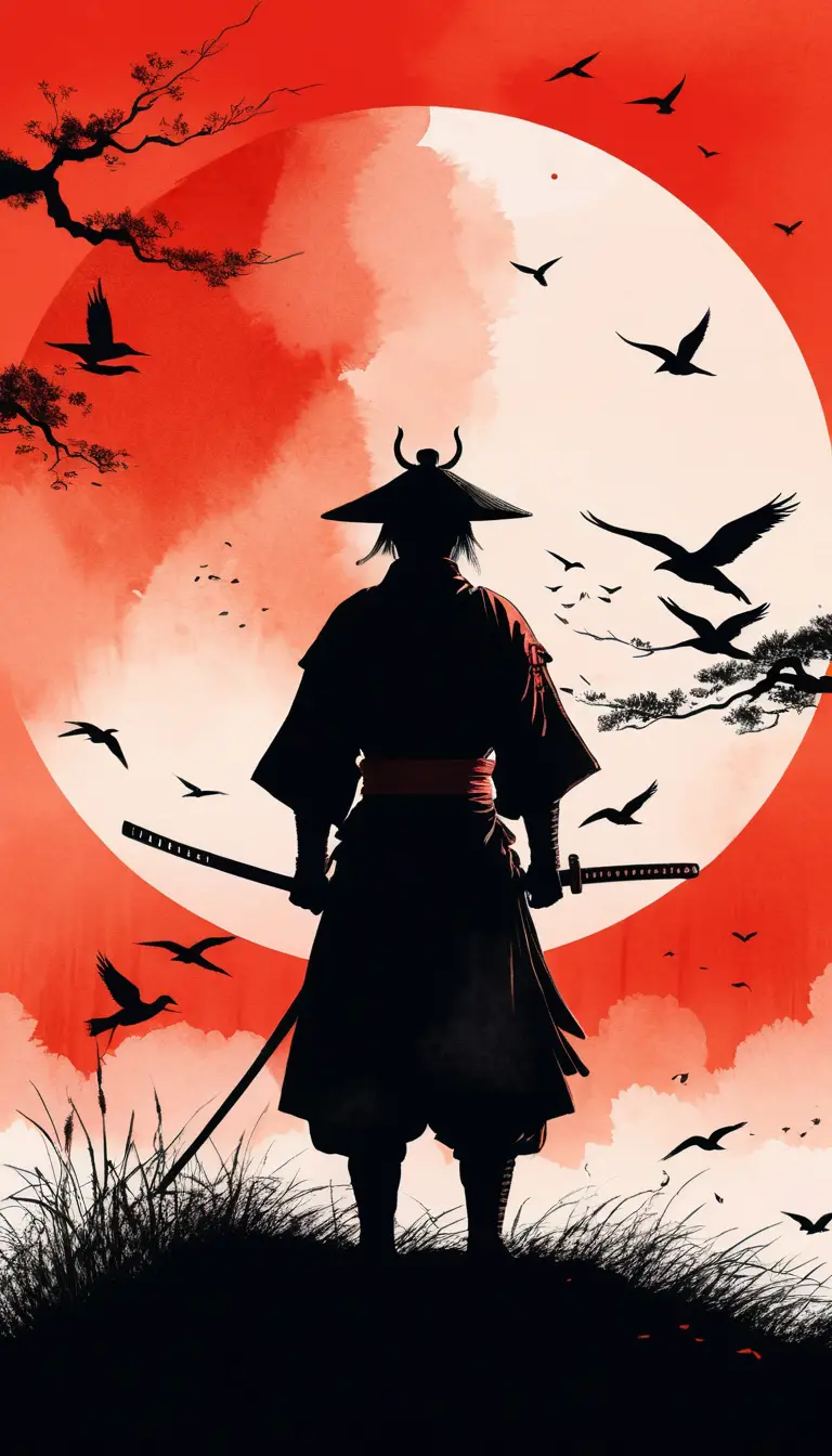 Samurai silhouette within a massive red sun watercolor scene