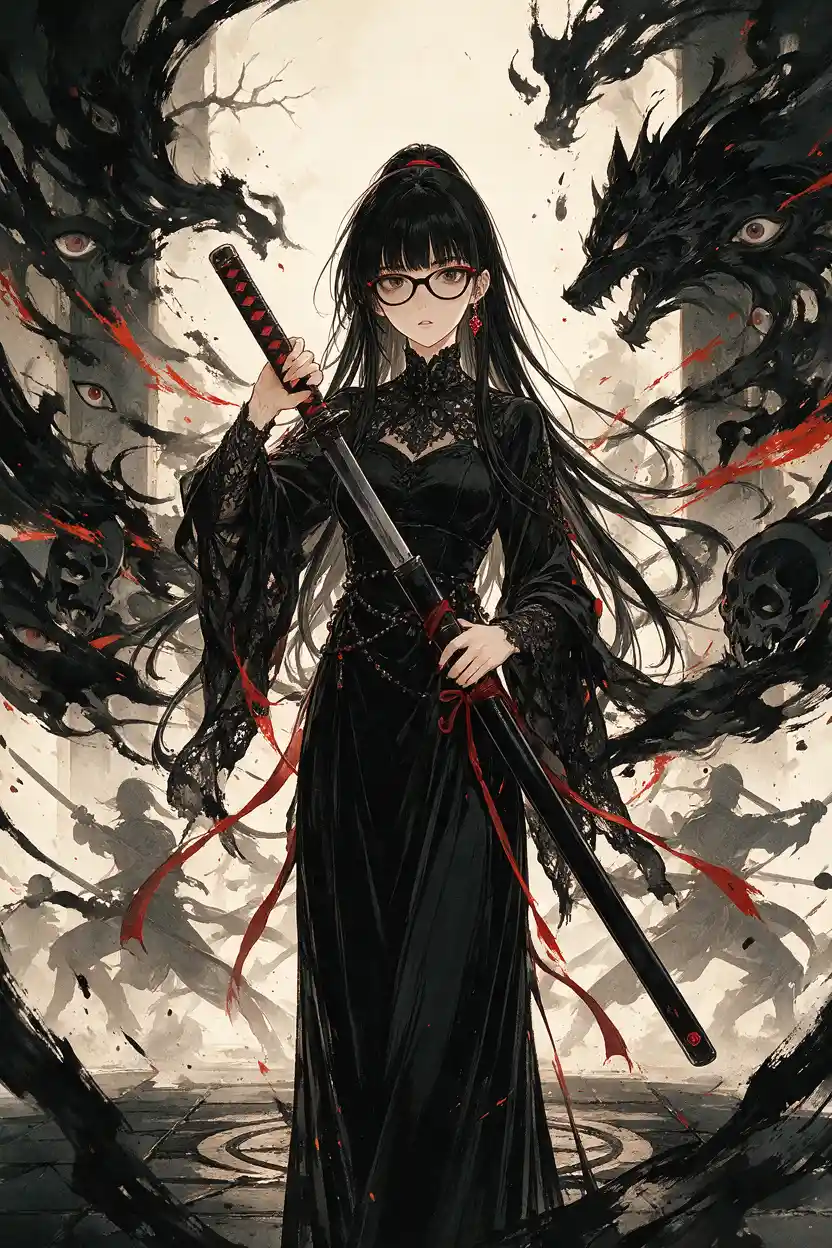 Gothic swordswoman holding katana amid swirling ink spirits