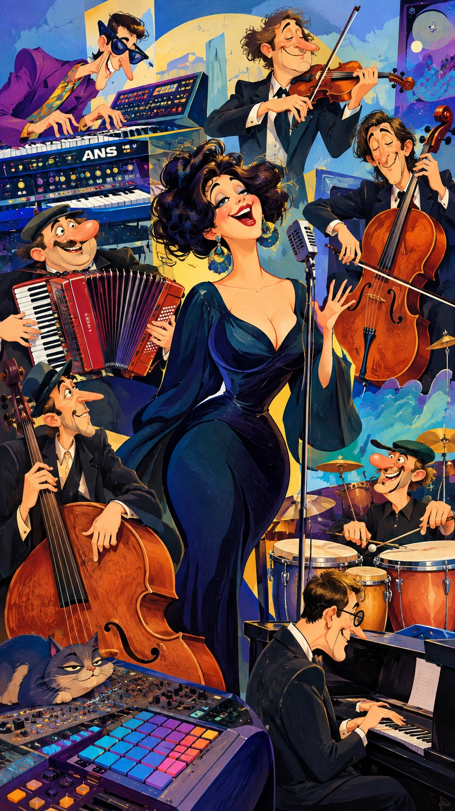Musiciens de dessin animé ludiques des années 1990 dans une illustration colorée