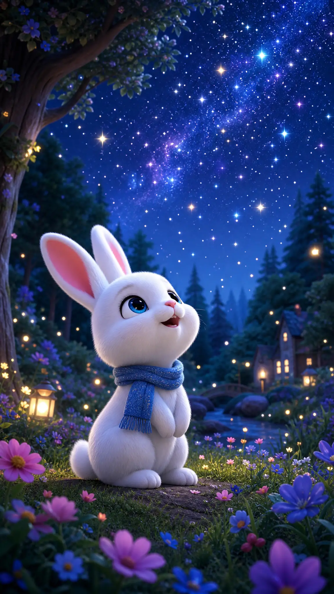 Cute white rabbit gazing at stars in magical forest night