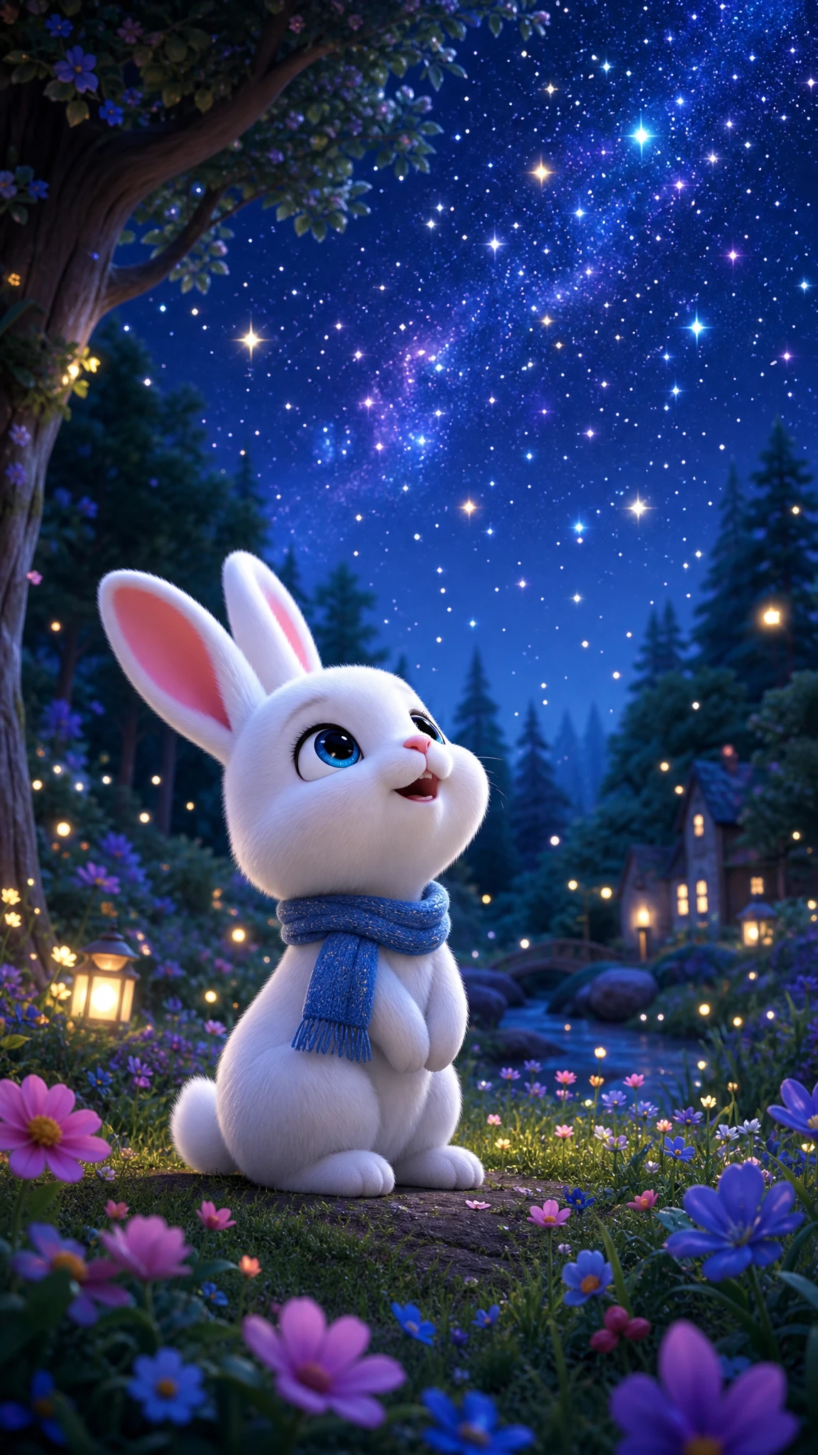 Cute white rabbit gazing at stars in magical forest night