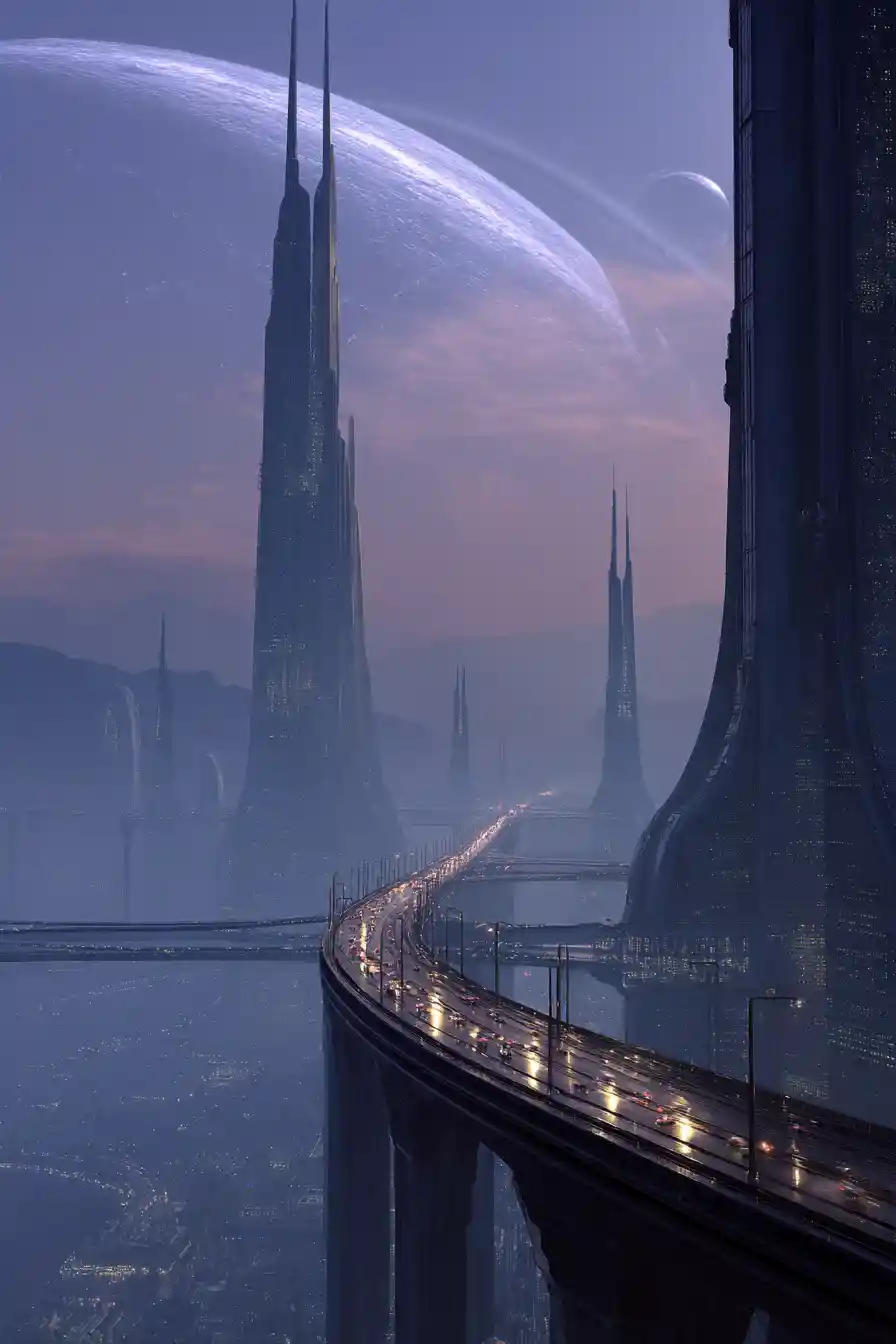 Vast Alien Megacity Under A Distant Ringed Planet Sky