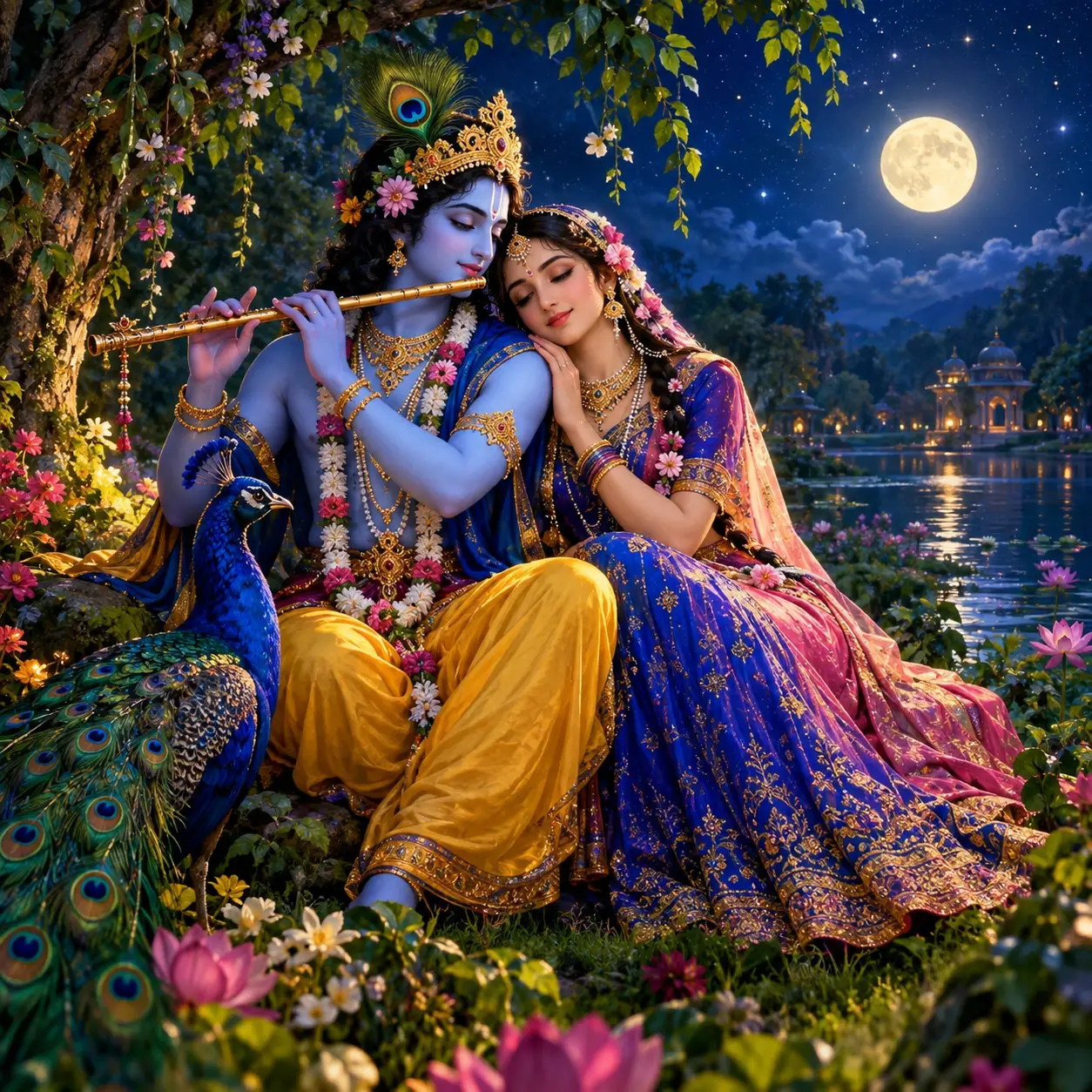 Divine couple seated under a calm starry night sky