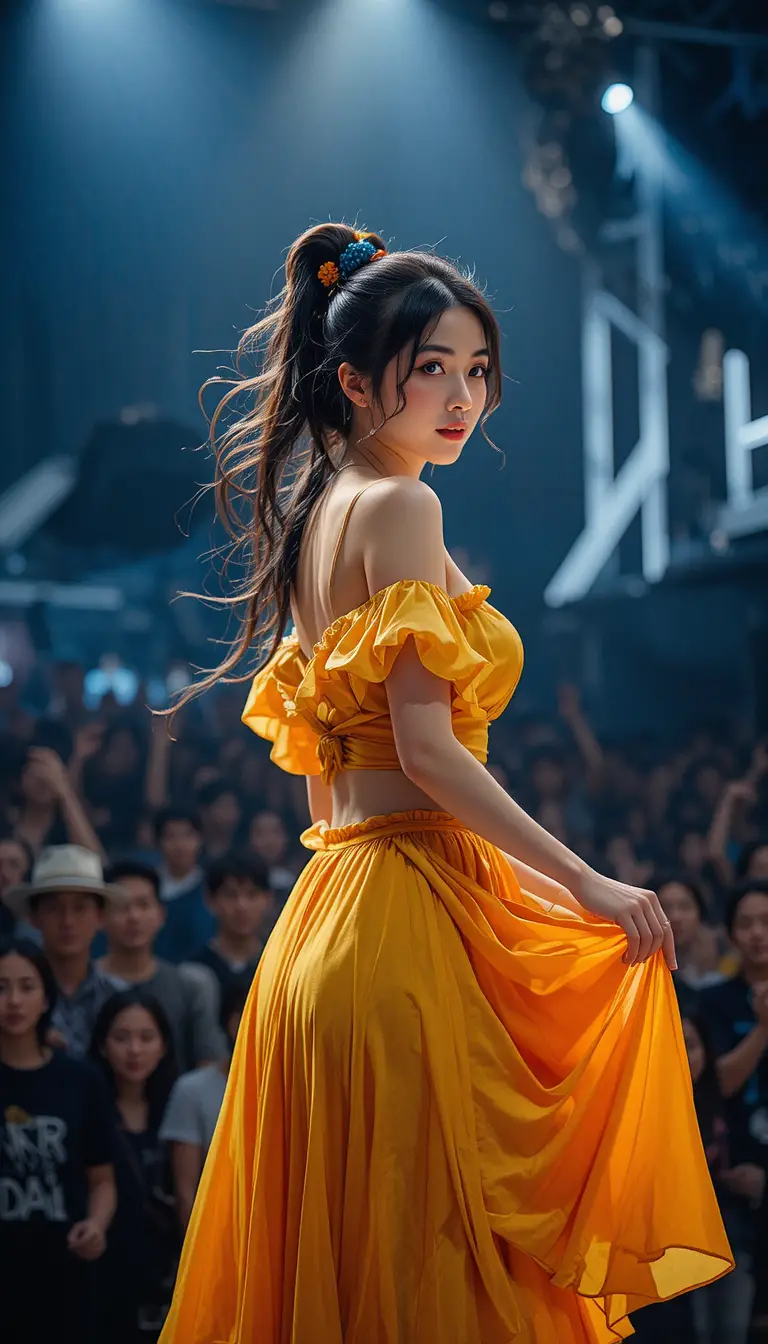 Joven cantante con vestido amarillo en un escenario oscuro