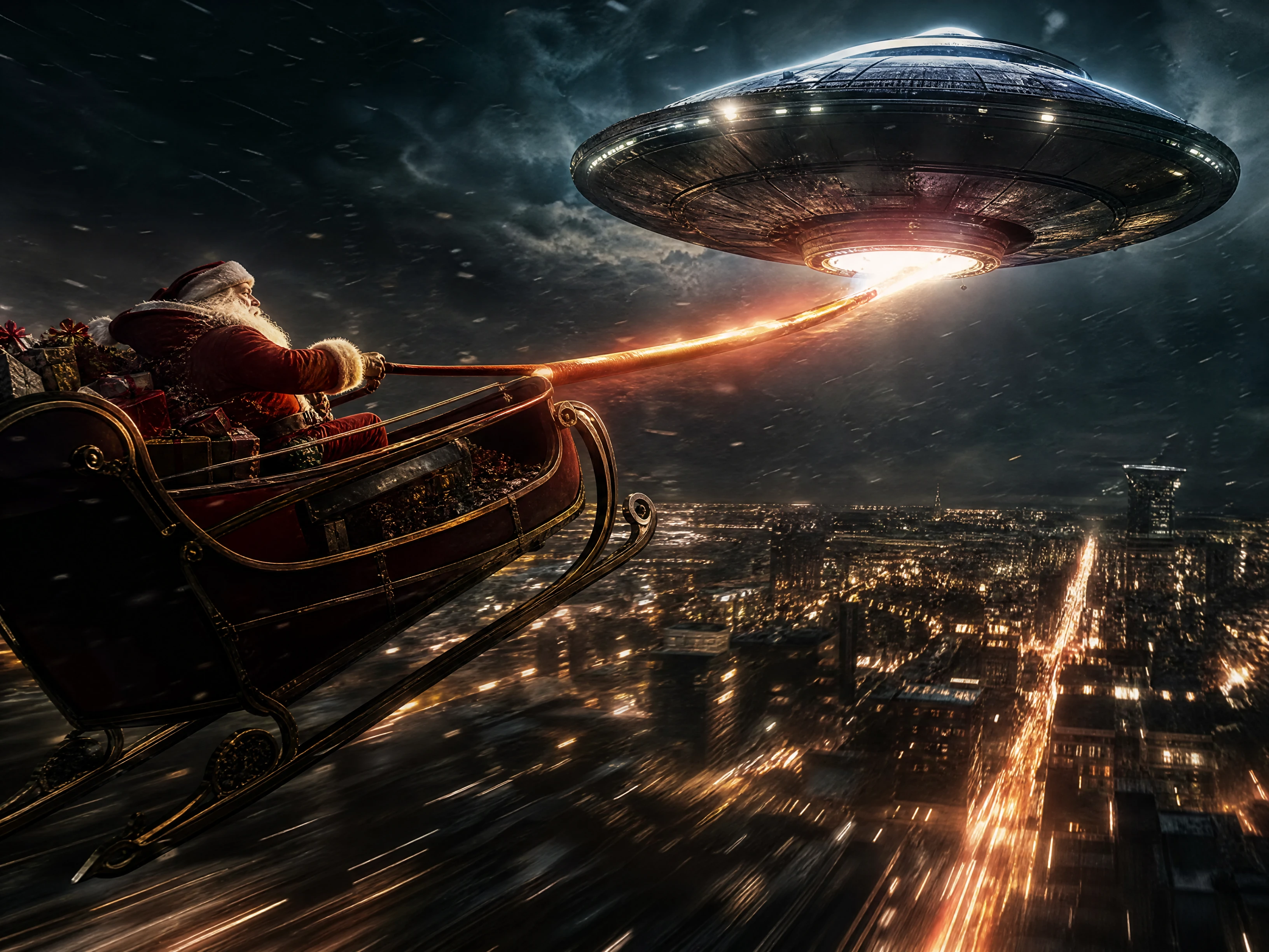 Santa claus racing in a sleigh pulled by a flying ufo