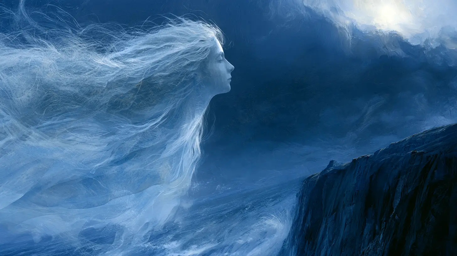 Ghostly woman floating above a stormy sea cliff