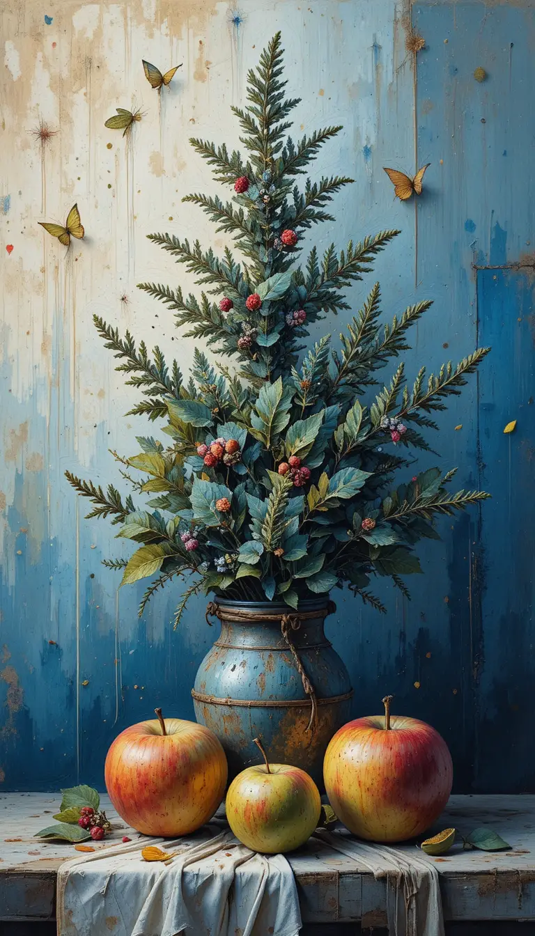 Still life of mountain ash berries and apples in oil painting