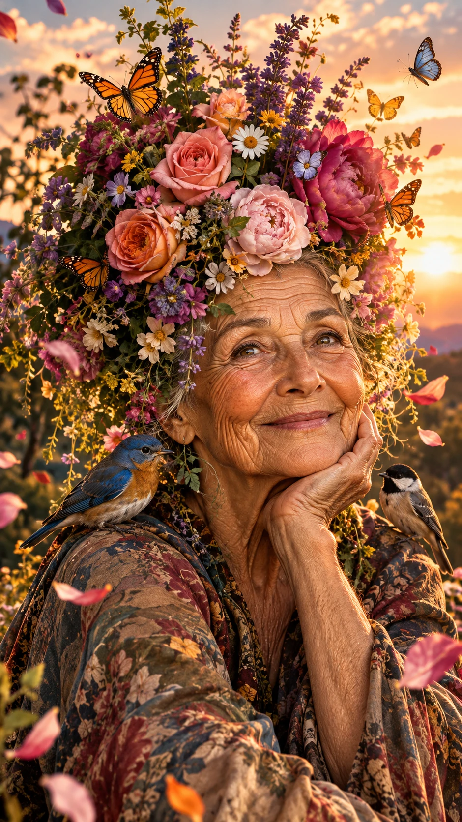 Elderly woman portrait crowned with glowing wildflowers