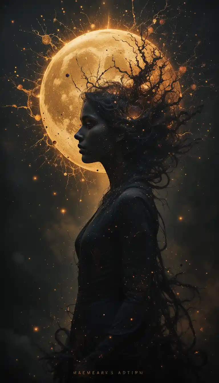 宇宙幻髮與閃耀金色月亮的女性側影