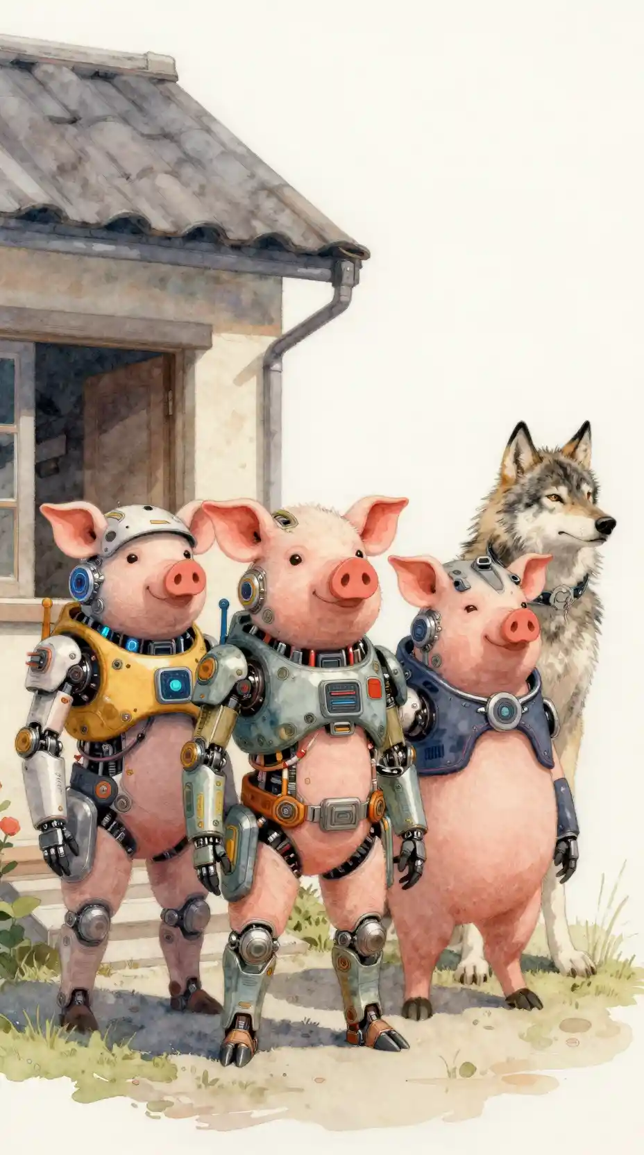 Cyberpunk pig cyborgs guarding a house with arrested wolf