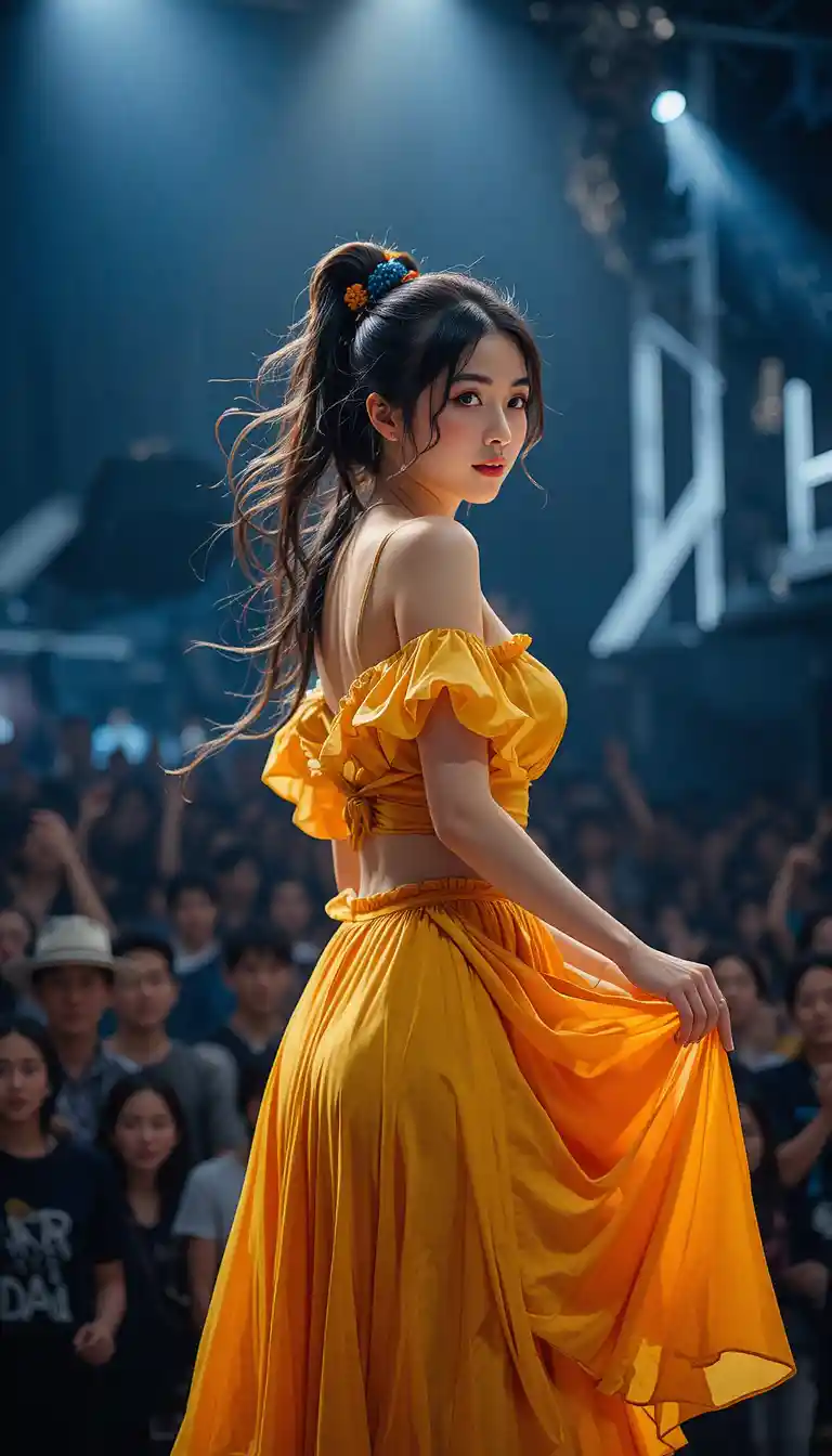 Joven cantante con vestido amarillo en un escenario oscuro