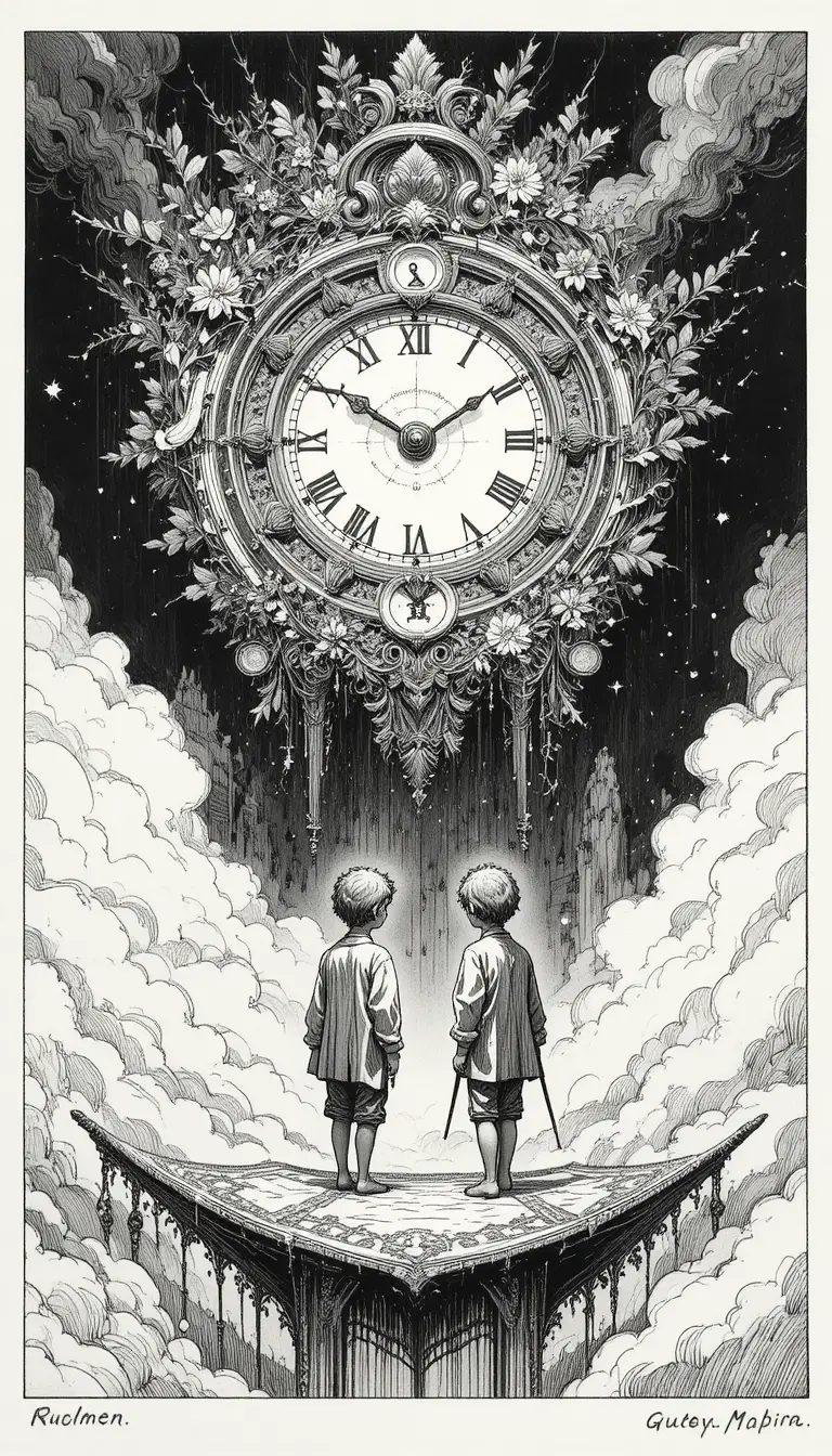 Two boys on a flying carpet beneath a giant clock