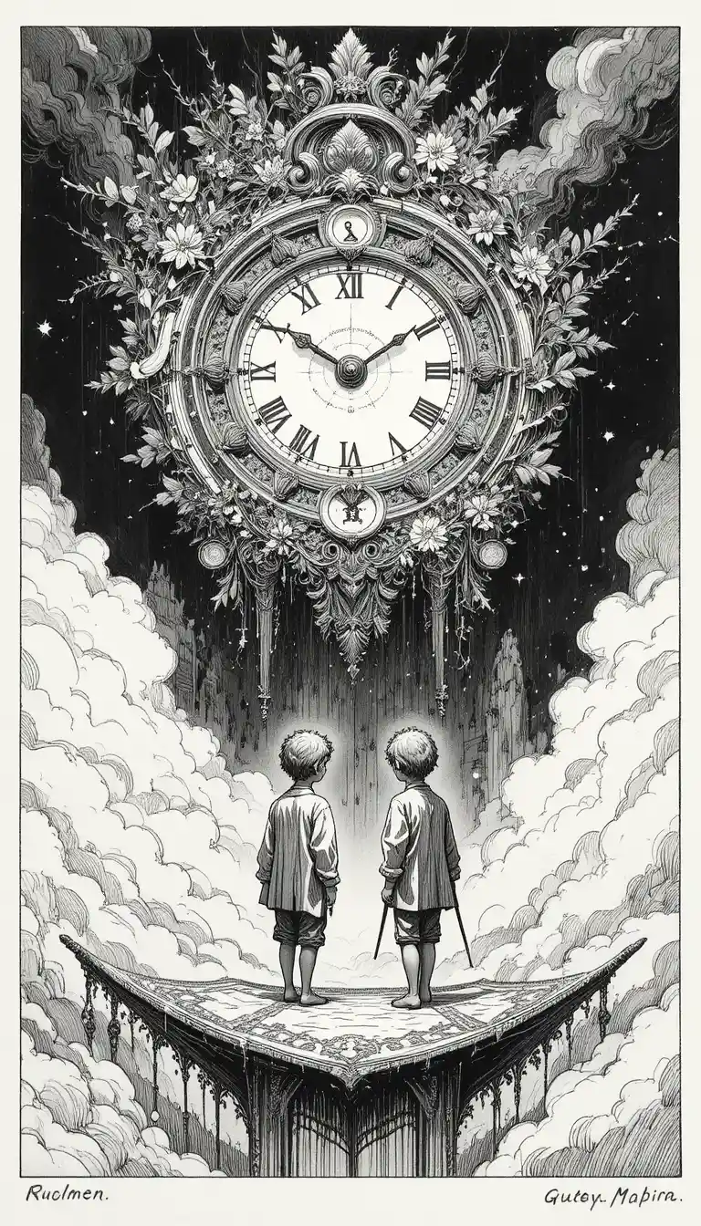 Two boys on a flying carpet beneath a giant clock