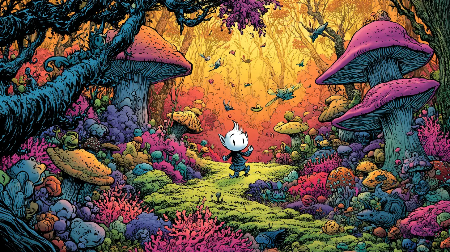 Tiny elf walking along a colorful mushroom forest path
