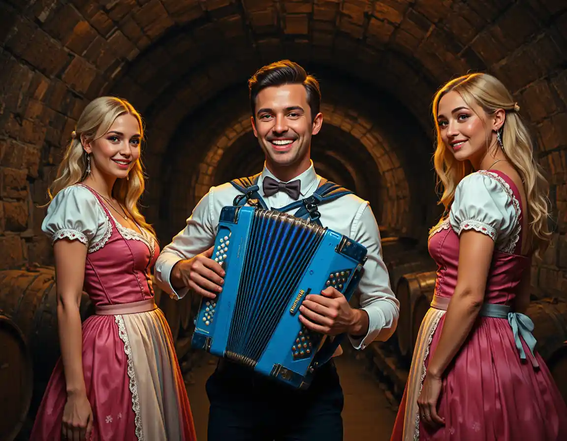 Homme jouant de l’accordéon avec deux femmes en robes dirndl