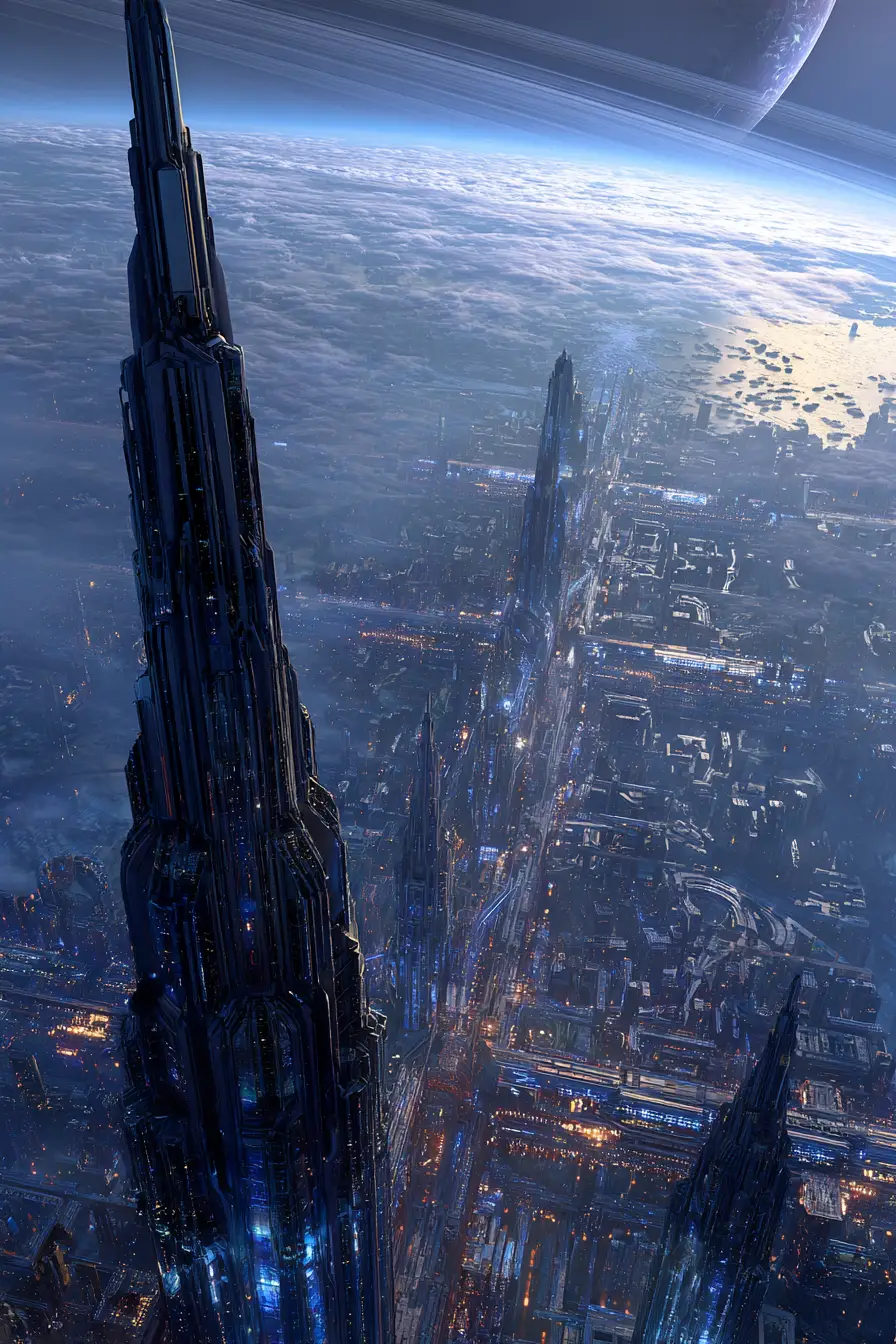 Città aliena futuristica con imponenti megastrutture al crepuscolo