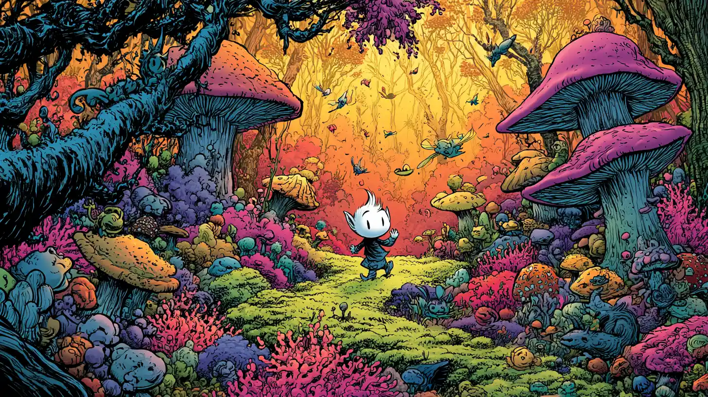 Tiny elf walking along a colorful mushroom forest path