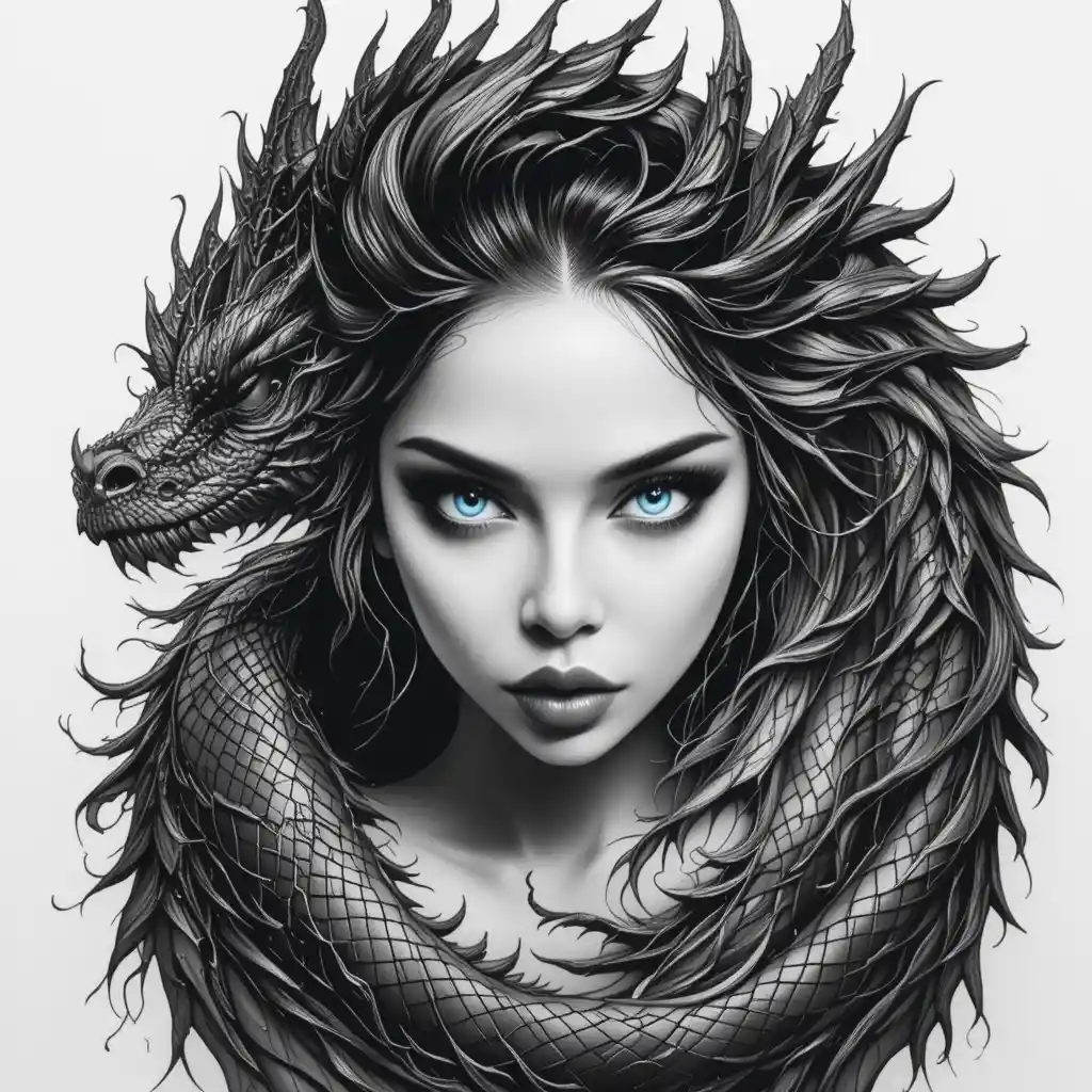 Mystical girl portrait entwined with a majestic dragon