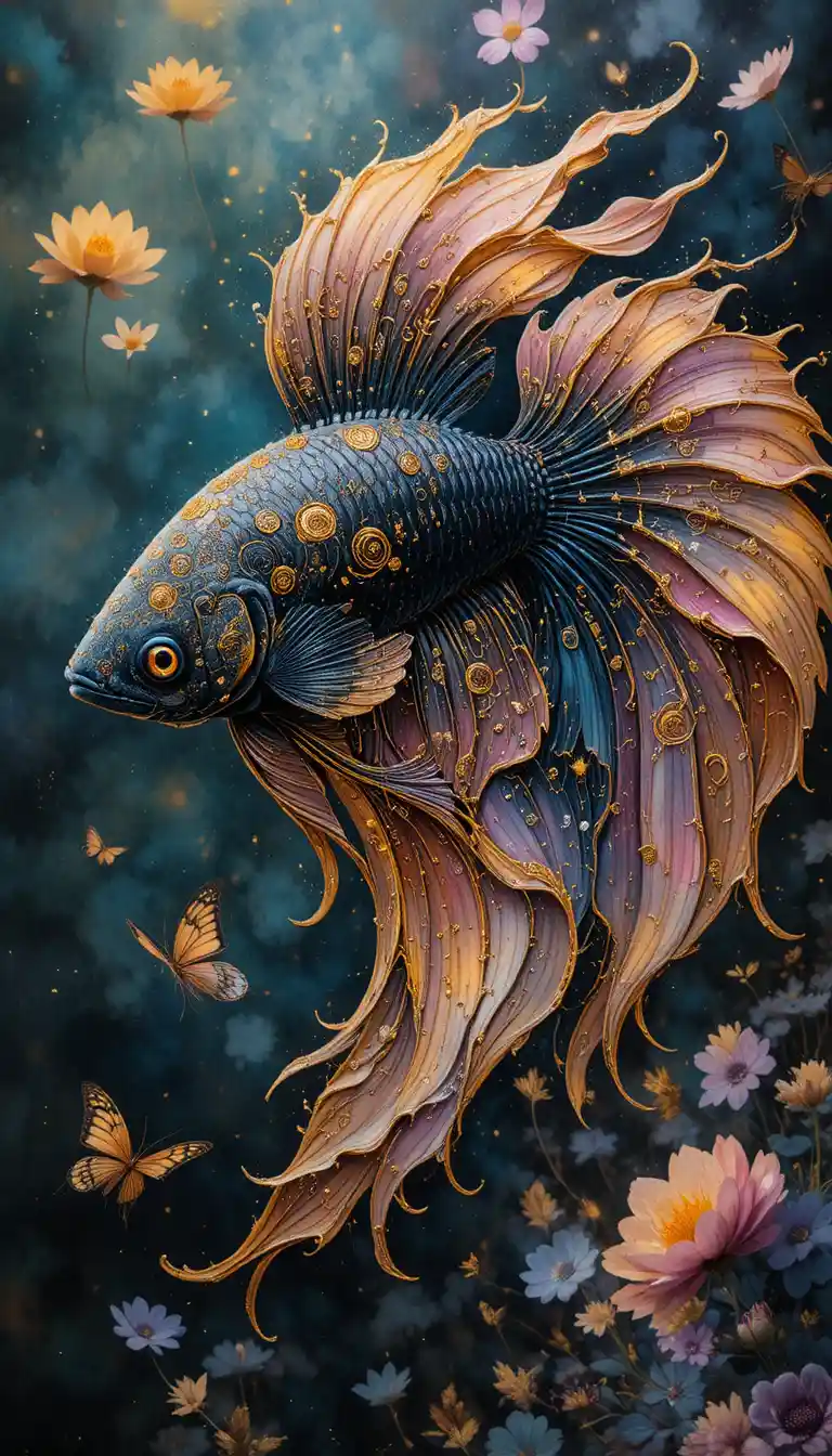 Poisson betta noir et or dans une peinture numérique ornementale et fluide