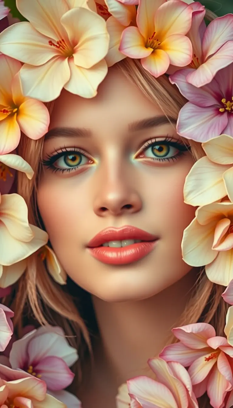Belleza Y2K primer plano de mujer enmarcada por flores frescas