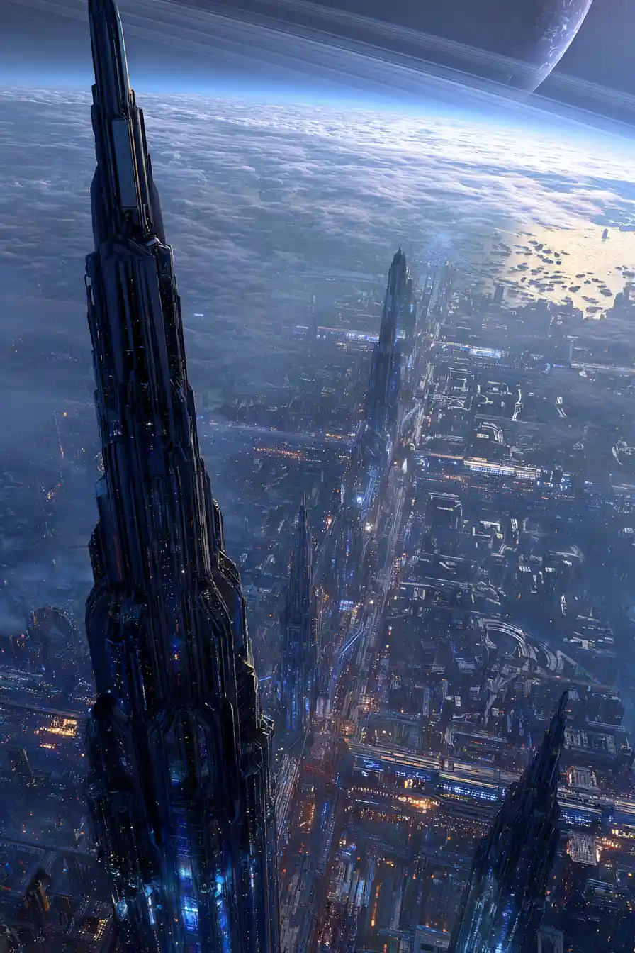 Città aliena futuristica con imponenti megastrutture al crepuscolo