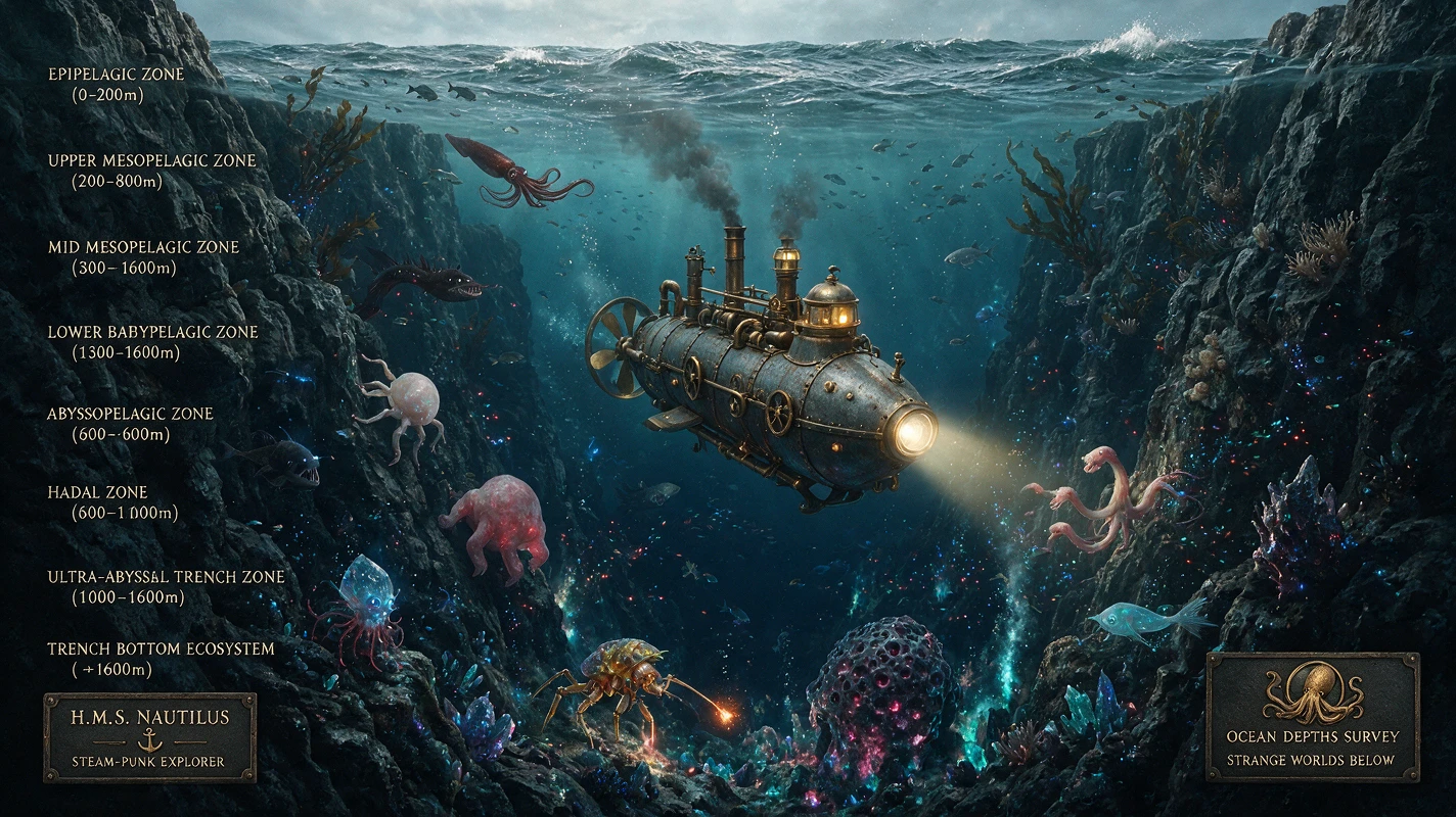 Steampunk submarine exploring a fantastical deep ocean trench
