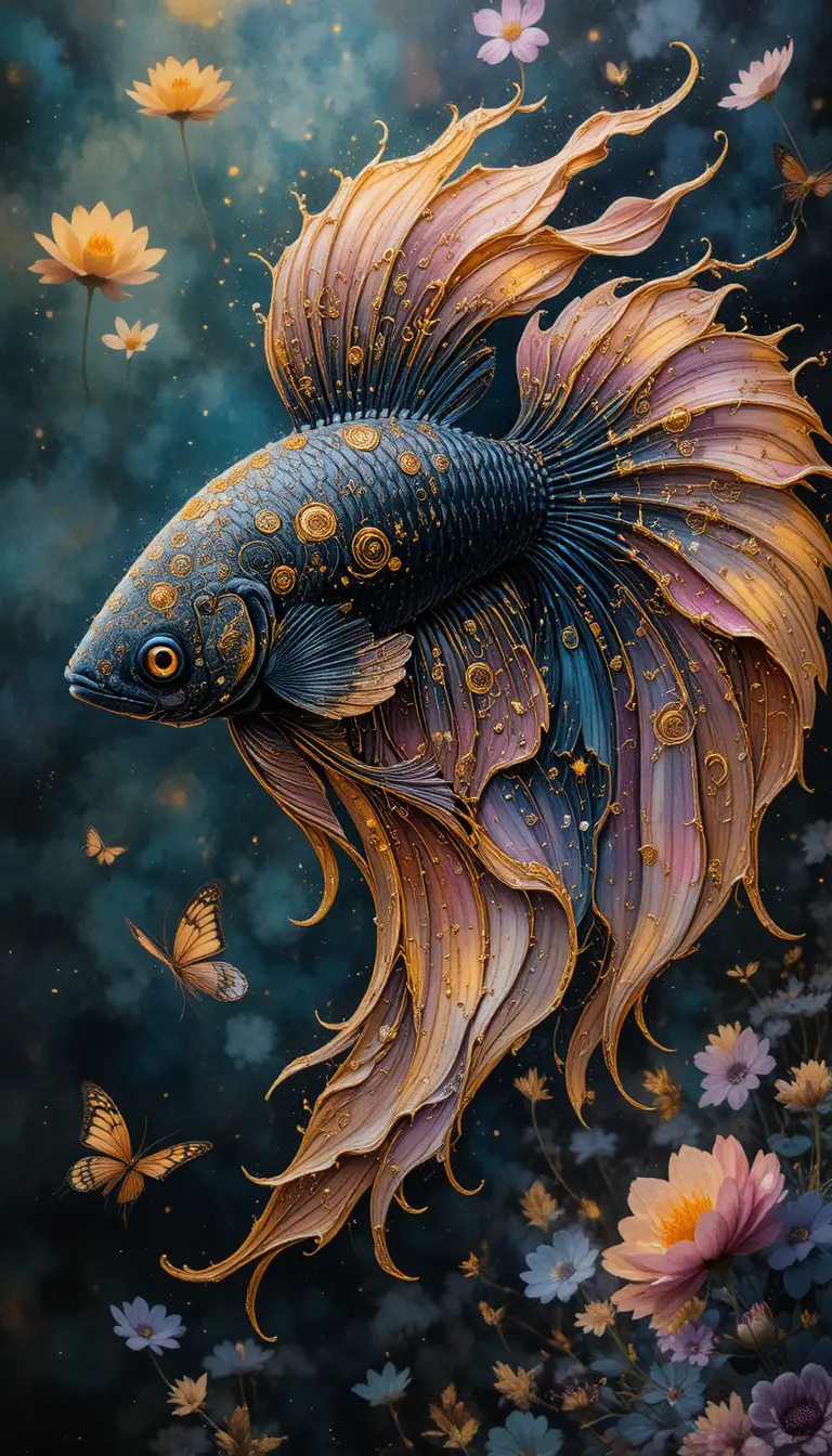 Poisson betta noir et or dans une peinture numérique ornementale et fluide