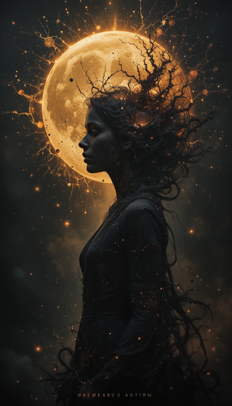 宇宙幻髮與閃耀金色月亮的女性側影