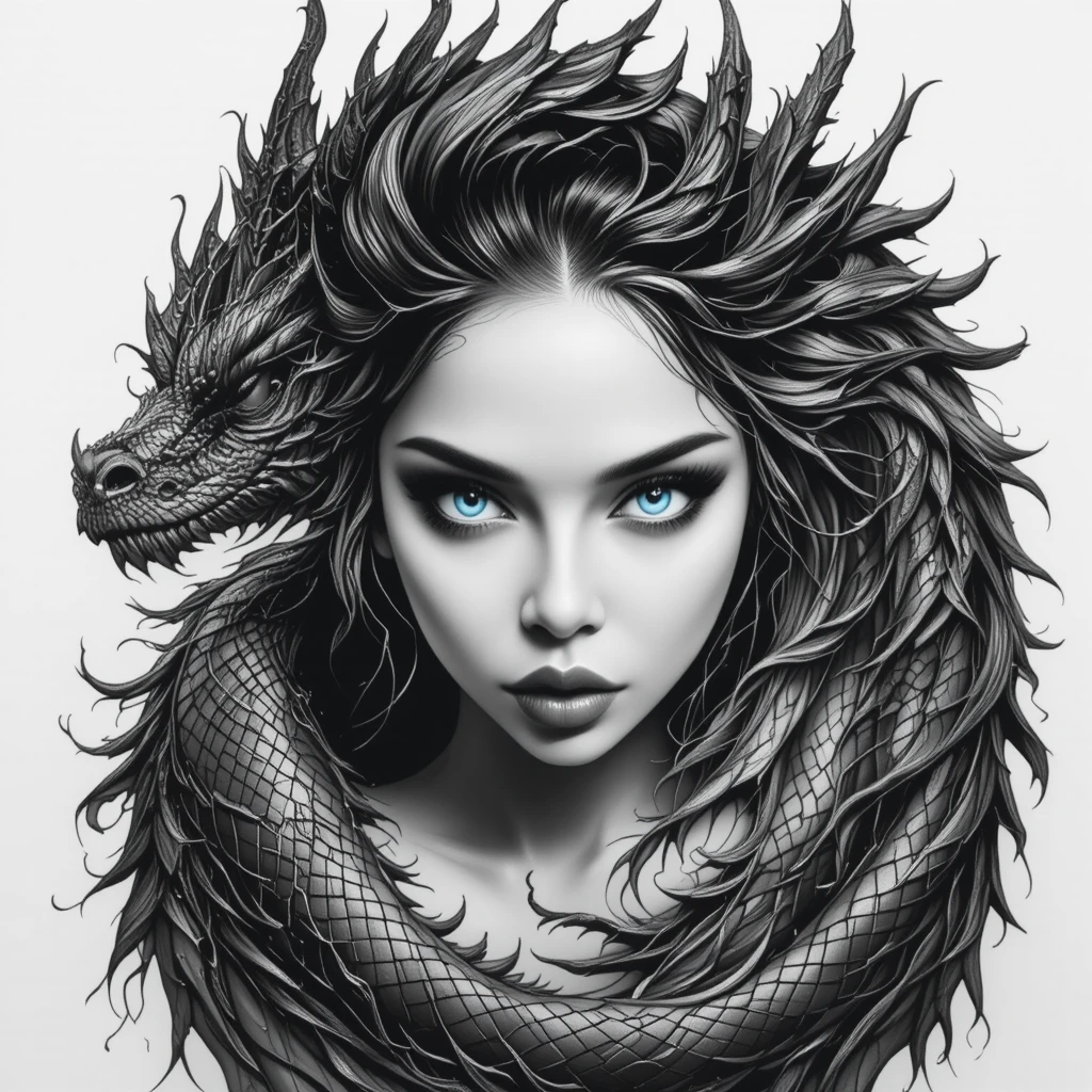 Retrato de garota mística entrelaçada com um dragão majestoso