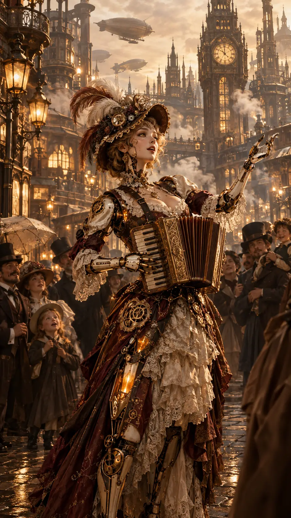 Steampunk automaton bard performing on a Victorian city street