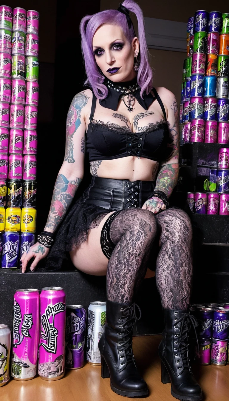 Tätowierte Goth-Frau in Spitze und rosa Minirock