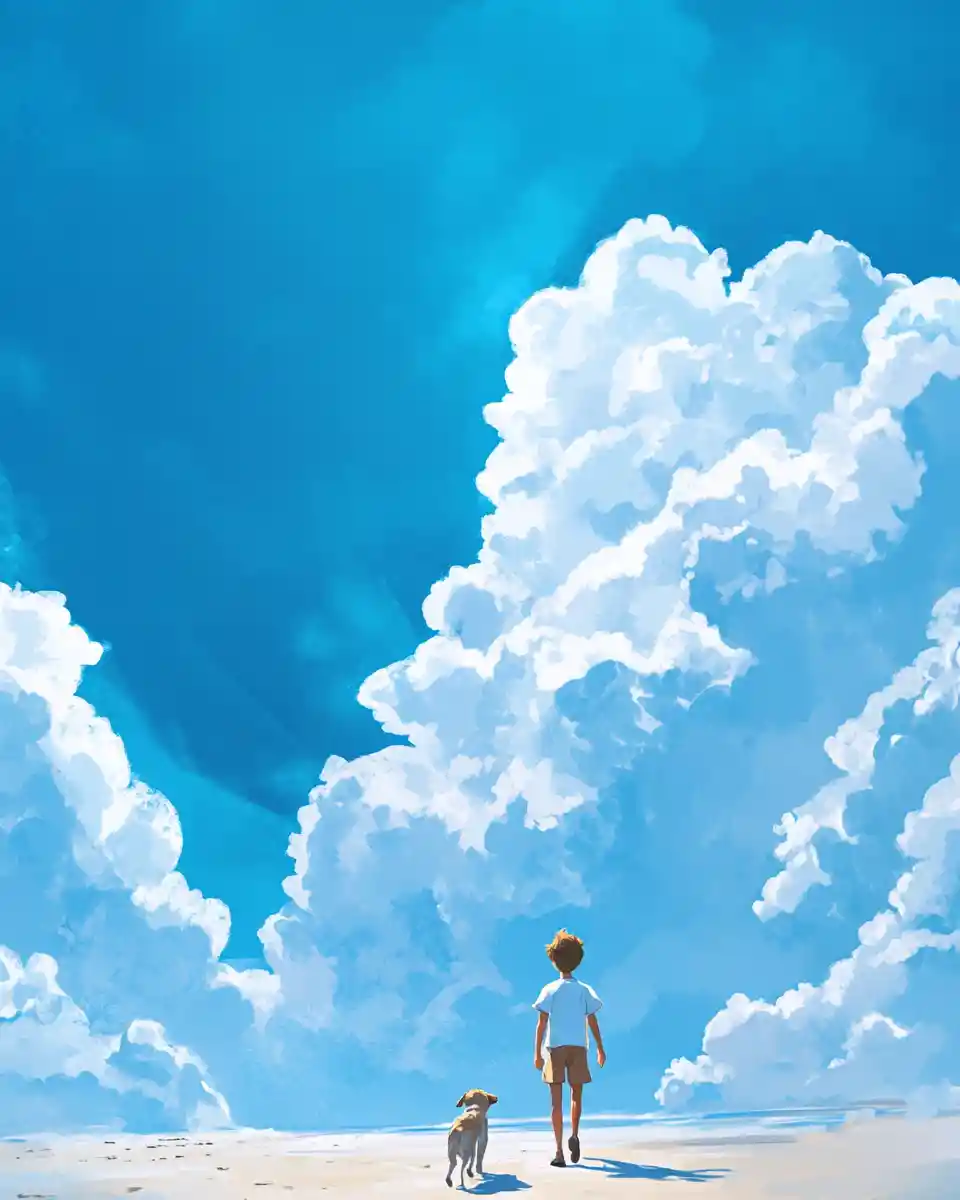 Ragazzo anime che cammina sul mare sotto un cielo estivo azzurro