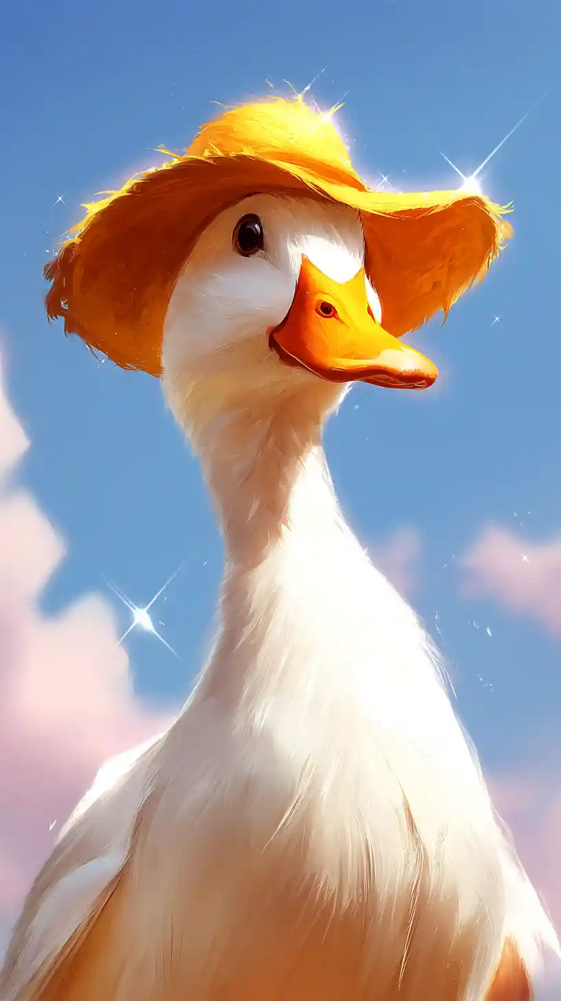 Ente mit gelbem Hut und hypnotischem Blick unter blauem Himmel