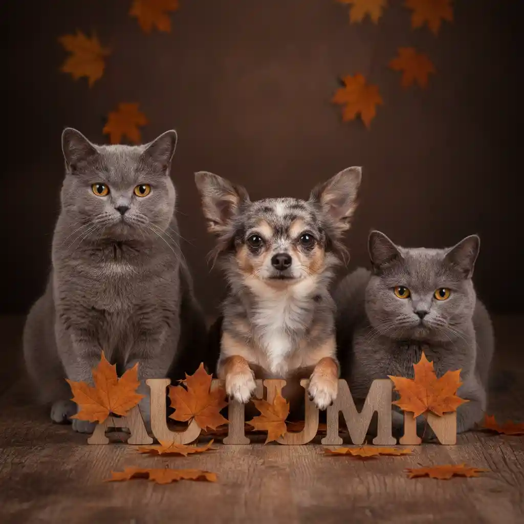 Chihuahua senior con dos gatos british shorthair en otoño