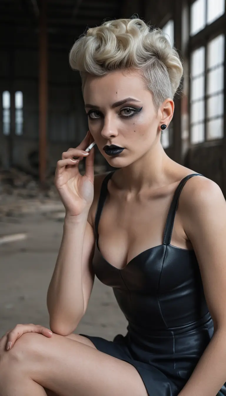 Woman in latex dress in abandoned warehouse portrait