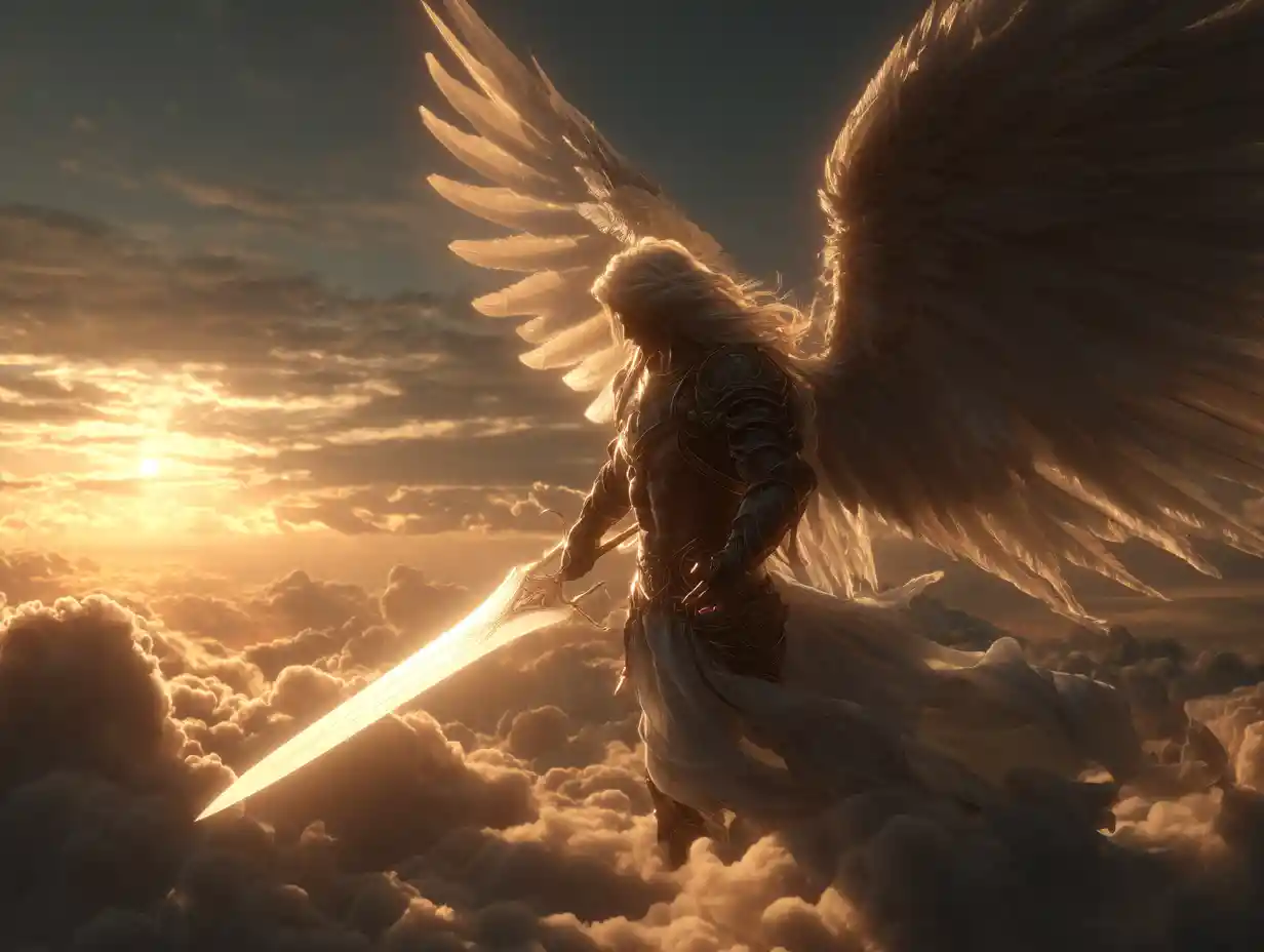 Majestic male angel with glowing sword in sunset clouds