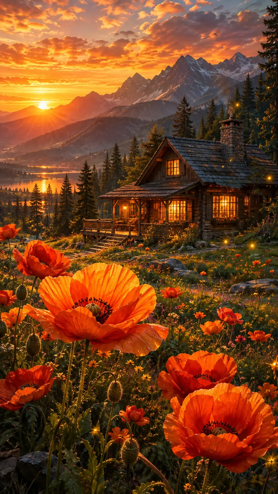 Rustic mountain cabin among glowing poppies at sunset