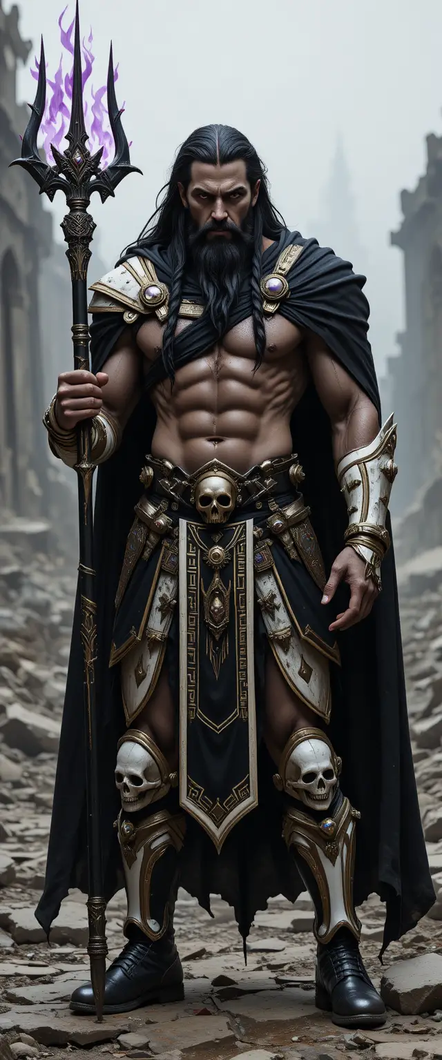 Dark armored god with fiery trident in ruined land