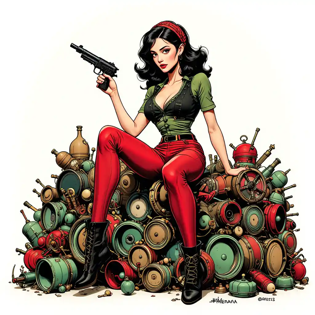 Confident woman with vintage pistol on circular object throne