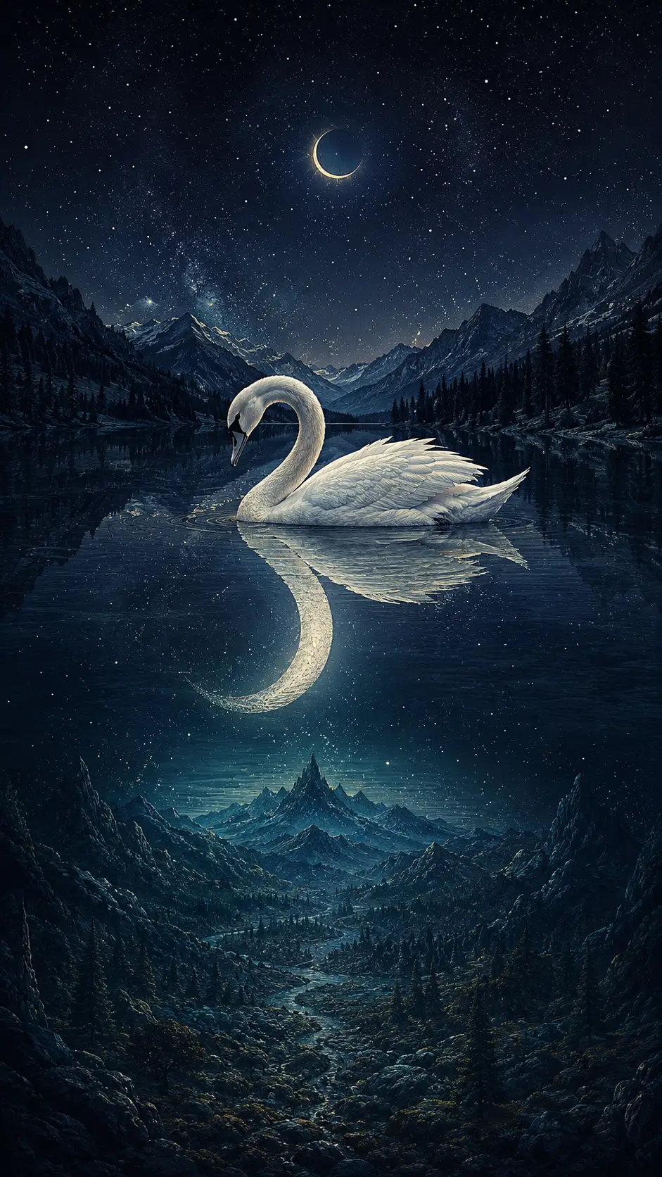 White swan on a still midnight lake with moonlit reflection