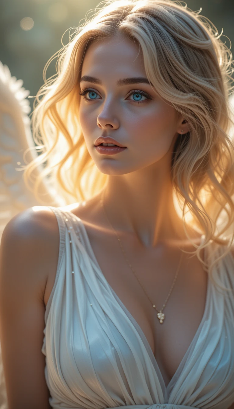 Serene blue eyed woman in glowing white gown