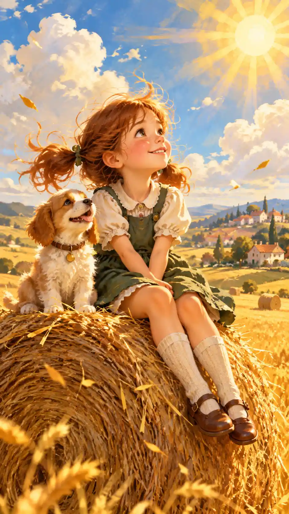 Girl With Puppy On Haystack In Golden Wheat Field