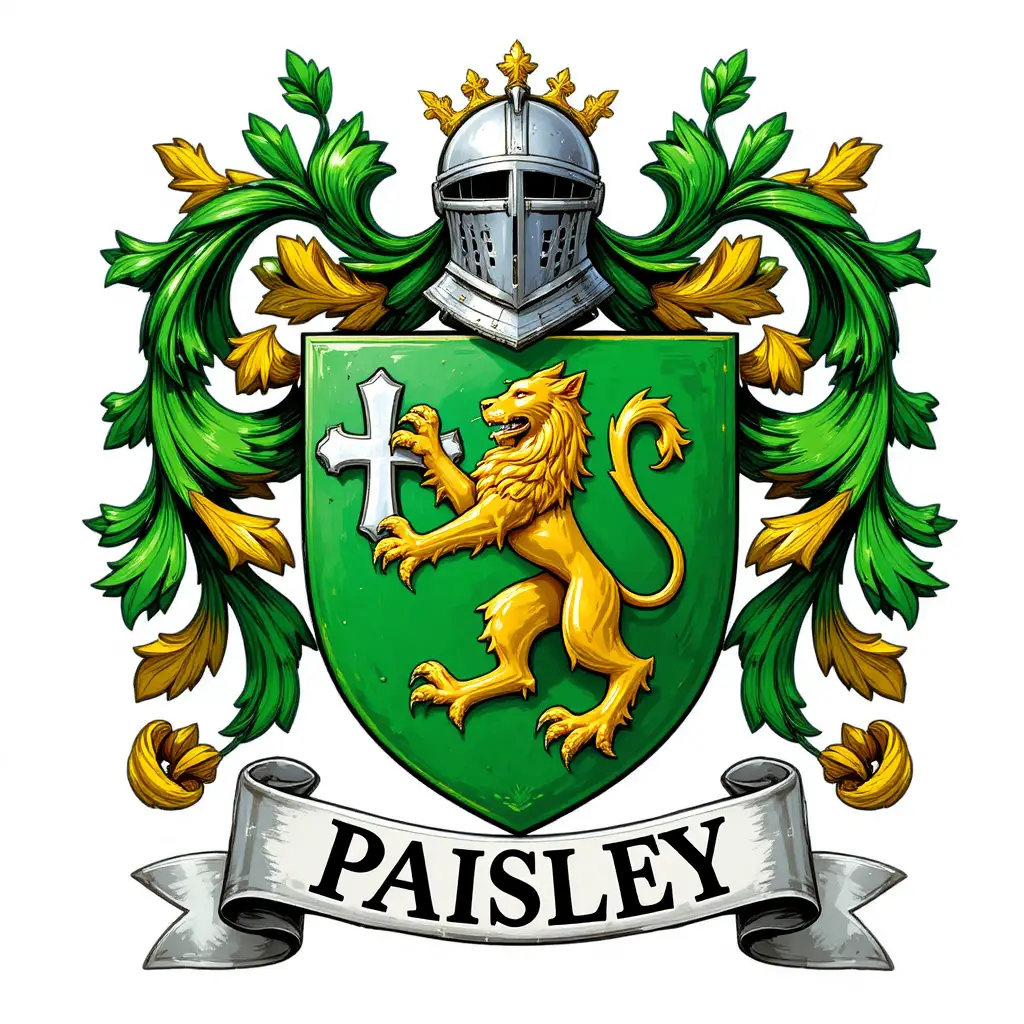 Green heraldic crest with crowned golden lion and banner