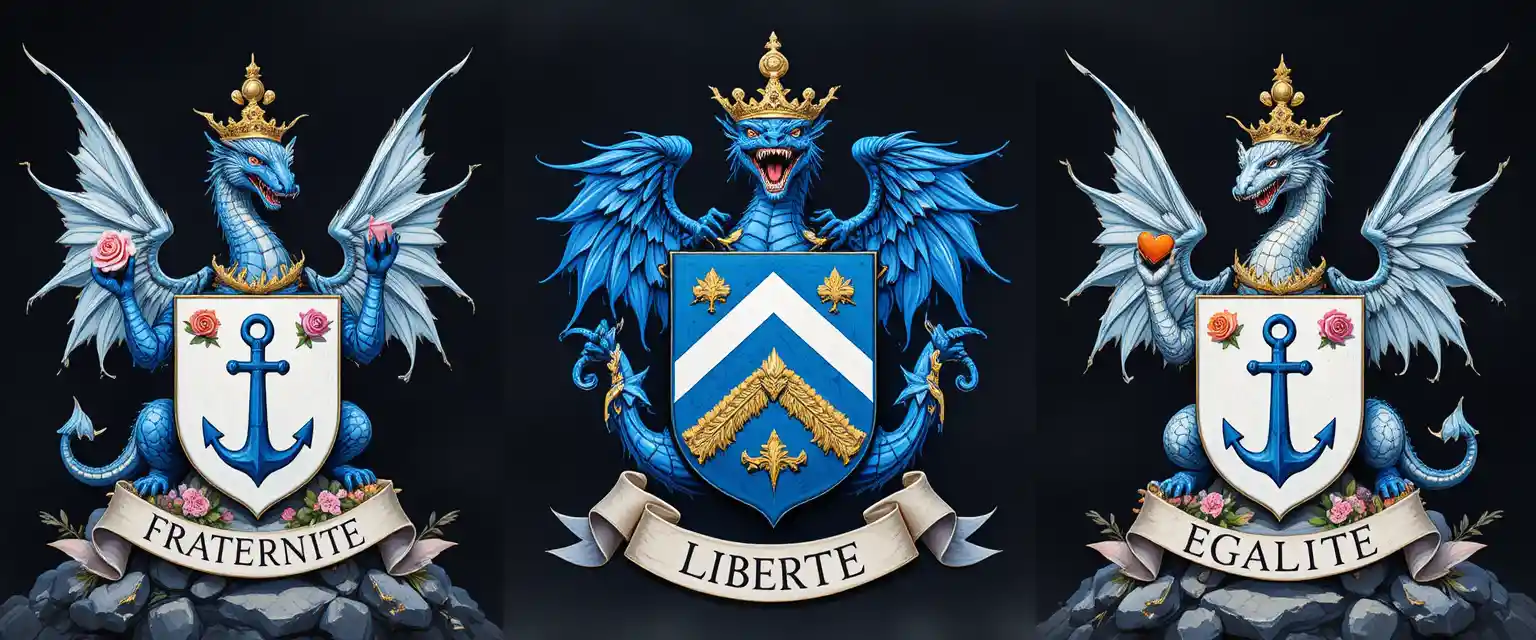Heraldic coats of arms with crowned blue dragons and banners