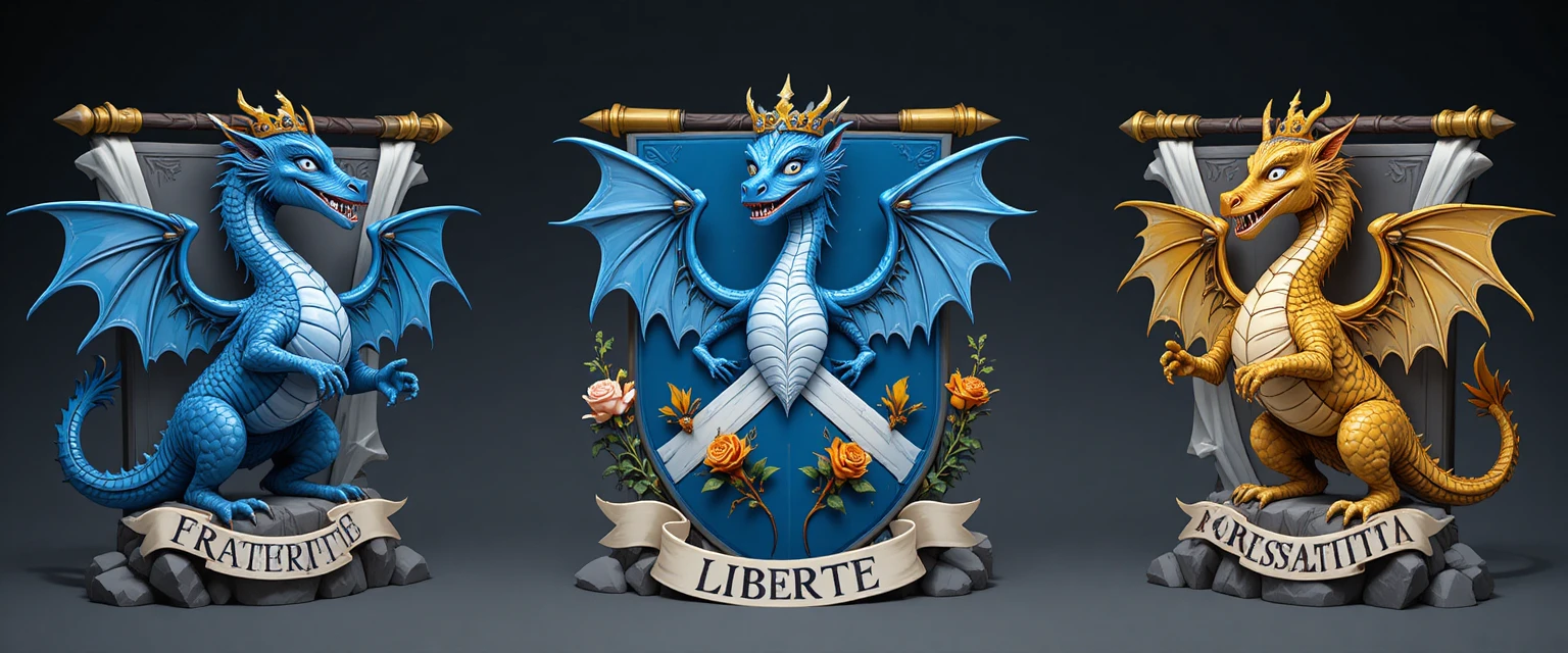 Heraldic coat of arms with dragons and liberty banner