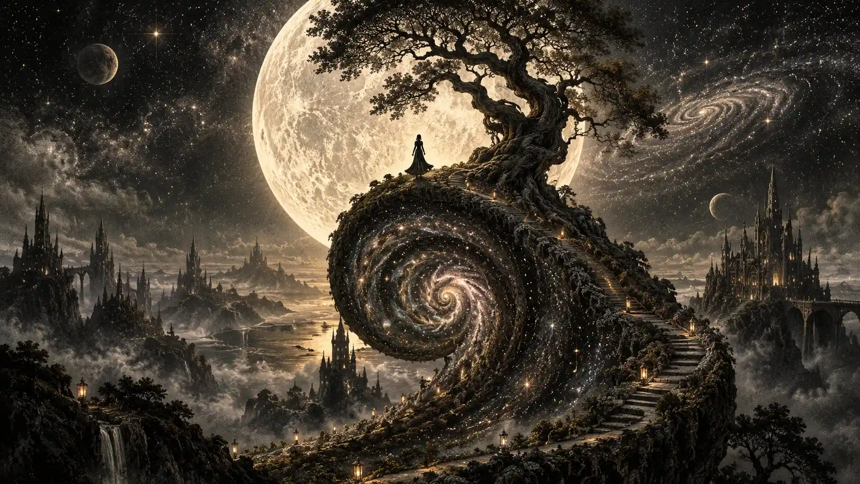 Donna sulla vetta a spirale sotto una luminosa luna piena