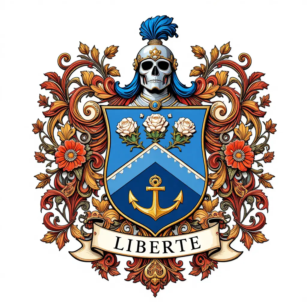Heraldic coat of arms with roses anchor and helmet crest
